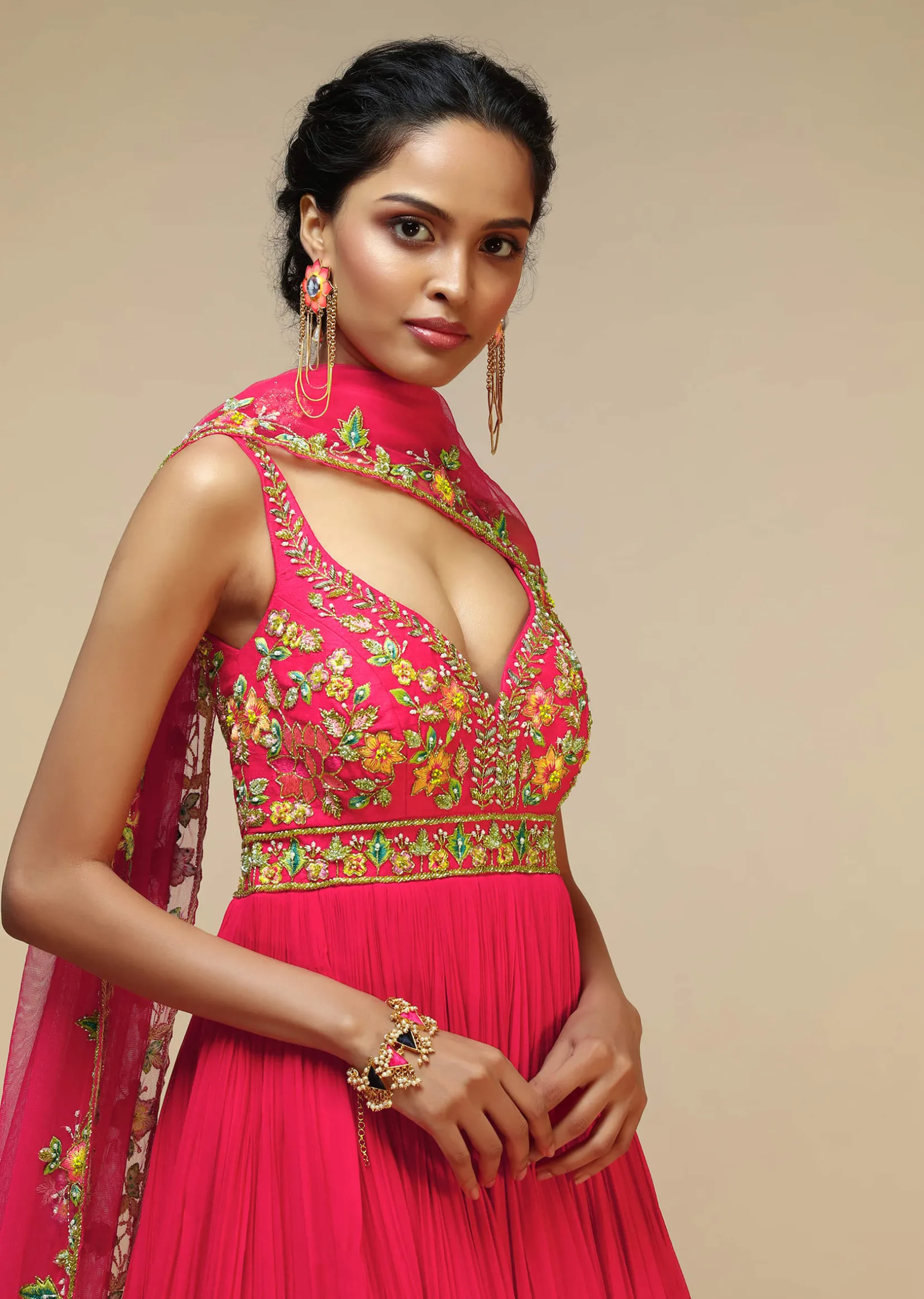 Rani Pink Anarkali Suit In Crushed Georgette With A Hand Embroidered Bodice Adorned In Multi Colored Resham And Sequins Work