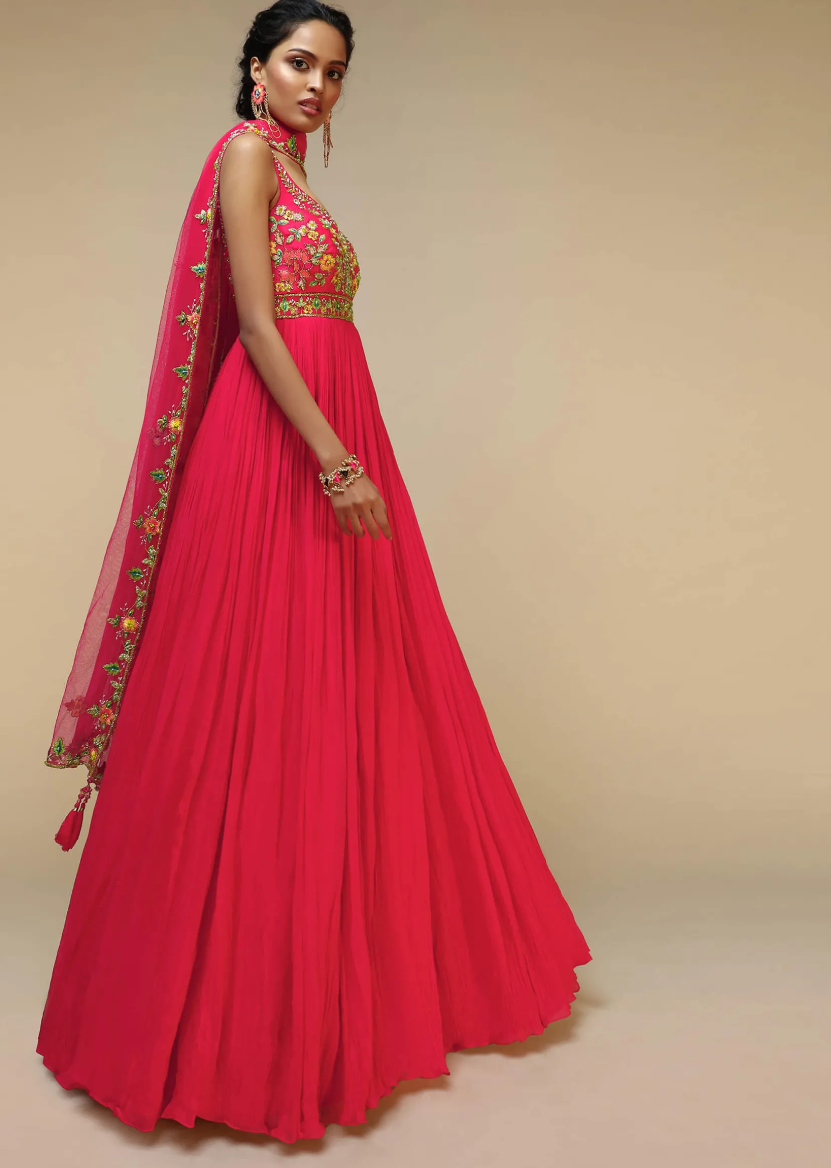 Rani Pink Anarkali Suit In Crushed Georgette With A Hand Embroidered Bodice Adorned In Multi Colored Resham And Sequins Work