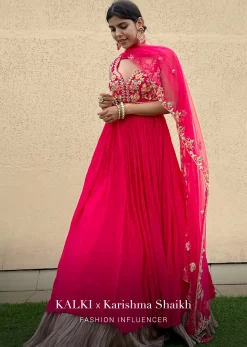Rani Pink Anarkali Suit In Crushed Georgette With A Hand Embroidered Bodice Adorned In Multi Colored Resham And Sequins Work