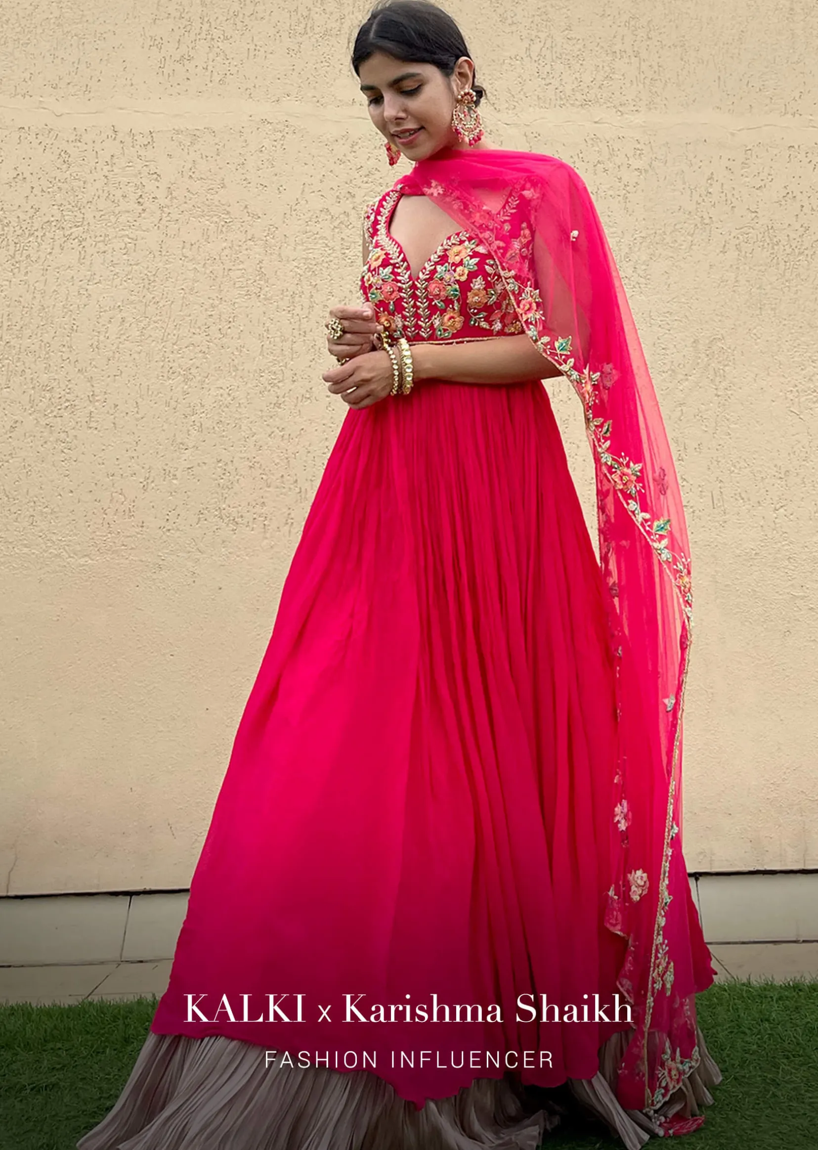 Rani Pink Anarkali Suit In Crushed Georgette With A Hand Embroidered Bodice Adorned In Multi Colored Resham And Sequins Work