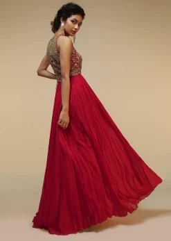 Rani Pink Anarkali Suit With Halter Neckline And Adorned In Multicolored Hand Embroidered Floral Design On The Bodice