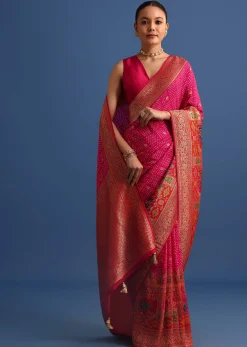Rani Pink Banarasi Bandhani Satin Saree With Brocade Motifs On Border