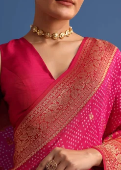 Rani Pink Banarasi Bandhani Satin Saree With Brocade Motifs On Border