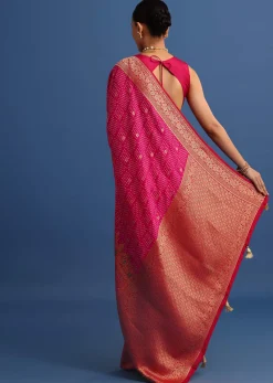 Rani Pink Banarasi Bandhani Satin Saree With Brocade Motifs On Border
