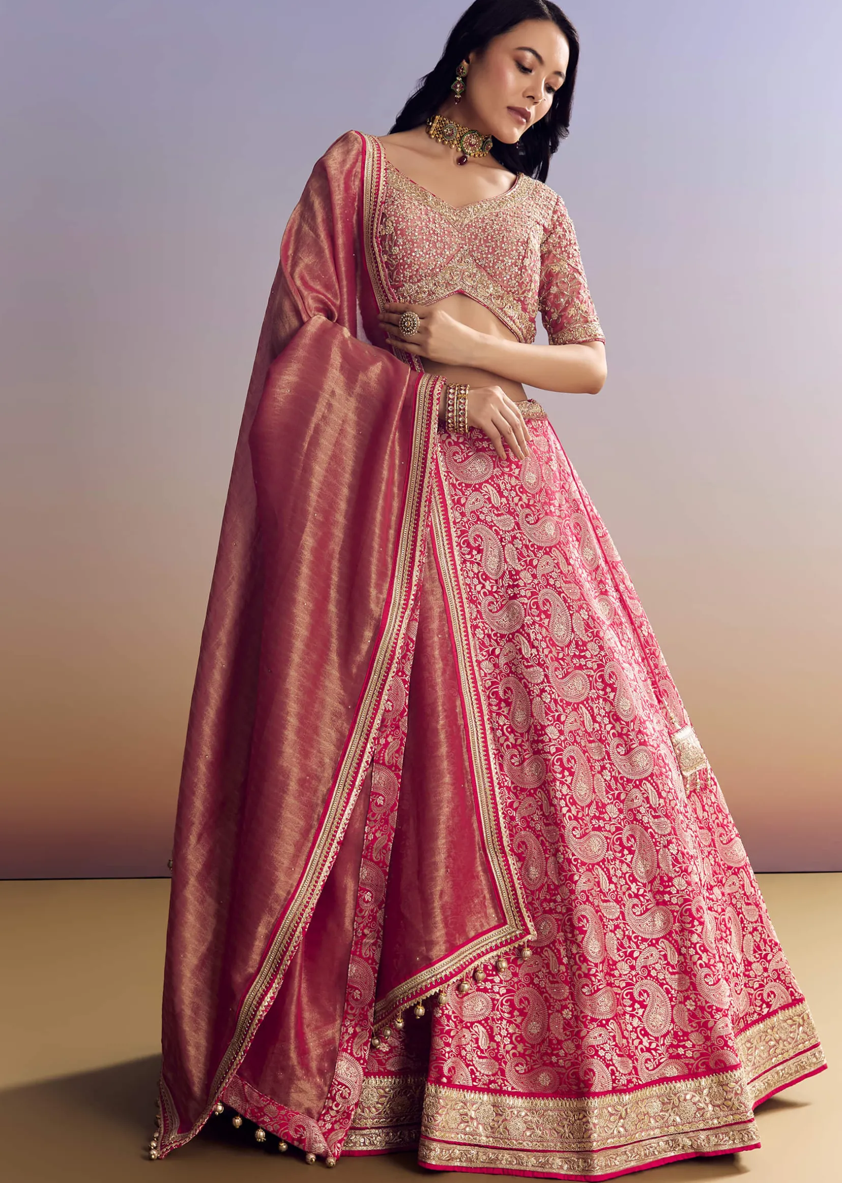 Rani Pink Banarasi Lehenga Set With Embroidered Choli