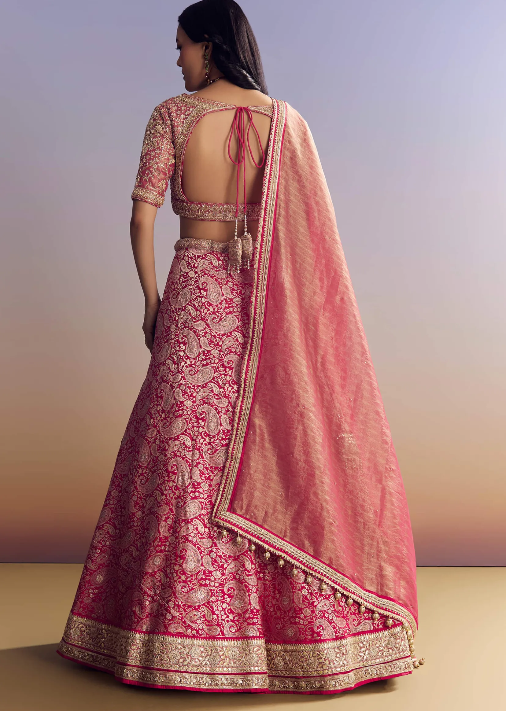 Rani Pink Banarasi Lehenga Set With Embroidered Choli