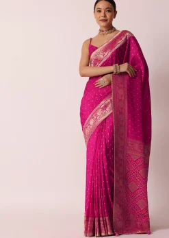 Rani Pink Banarasi Saree With Bandhani Buttis And Unstitched Blouse Piece