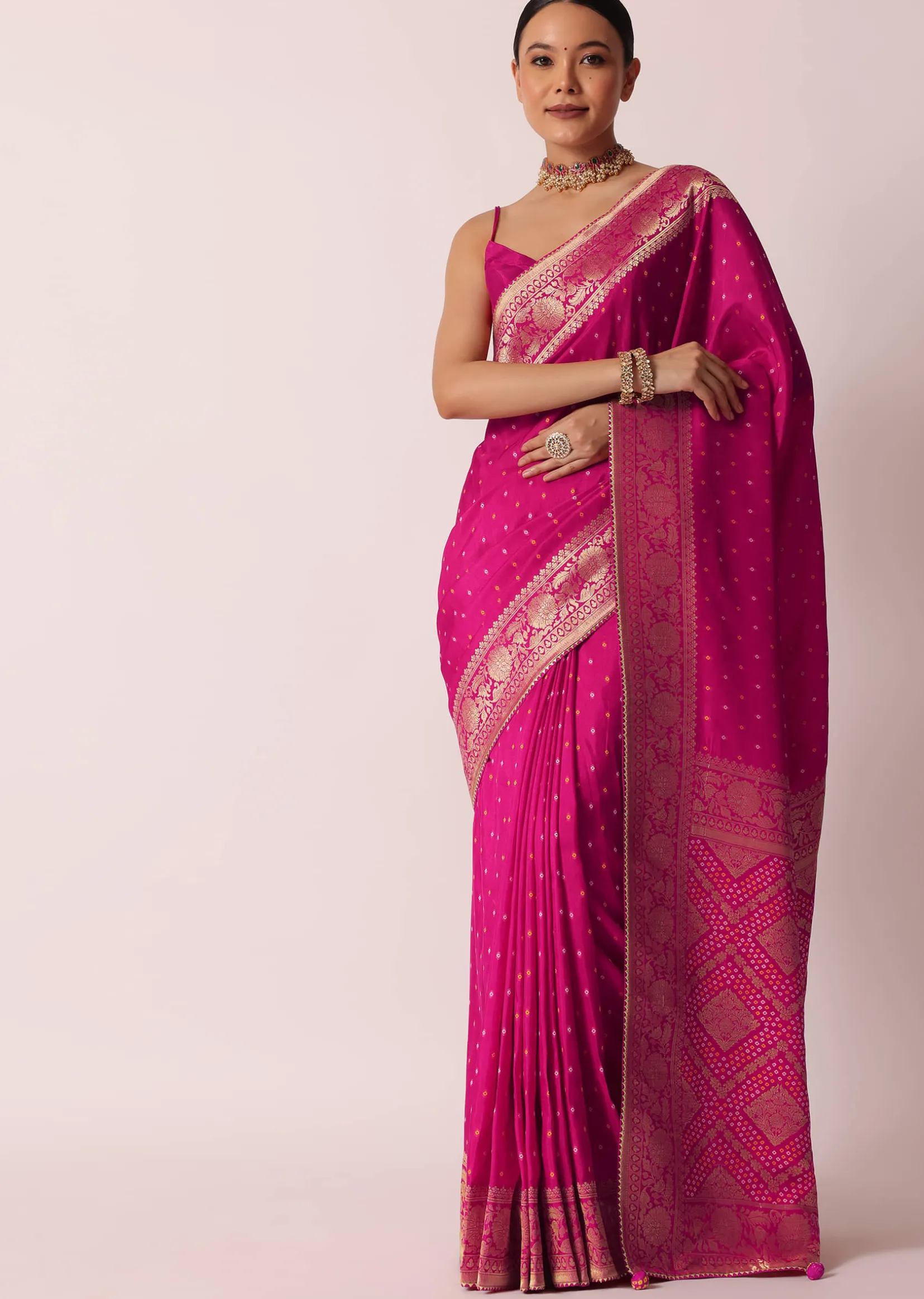 Rani Pink Banarasi Saree With Bandhani Buttis And Unstitched Blouse Piece