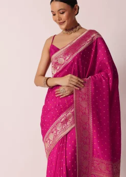 Rani Pink Banarasi Saree With Bandhani Buttis And Unstitched Blouse Piece