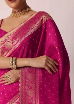 Rani Pink Banarasi Saree With Bandhani Buttis And Unstitched Blouse Piece