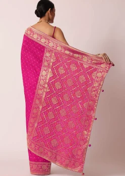 Rani Pink Banarasi Saree With Bandhani Buttis And Unstitched Blouse Piece