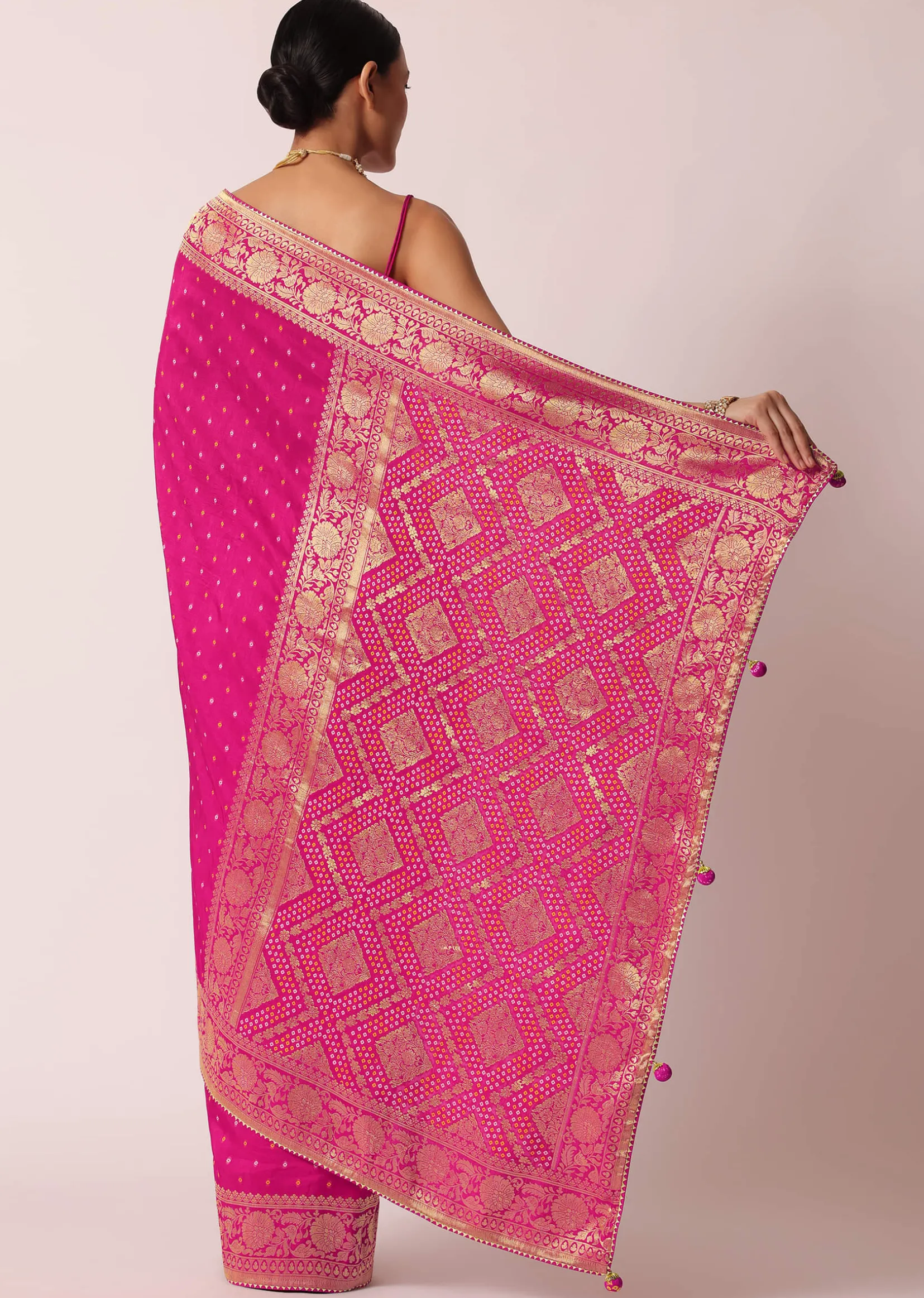 Rani Pink Banarasi Saree With Bandhani Buttis And Unstitched Blouse Piece