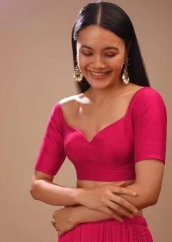 Rani Pink Blouse In Raw Silk With Half Sleeves And Sweetheart Neckline