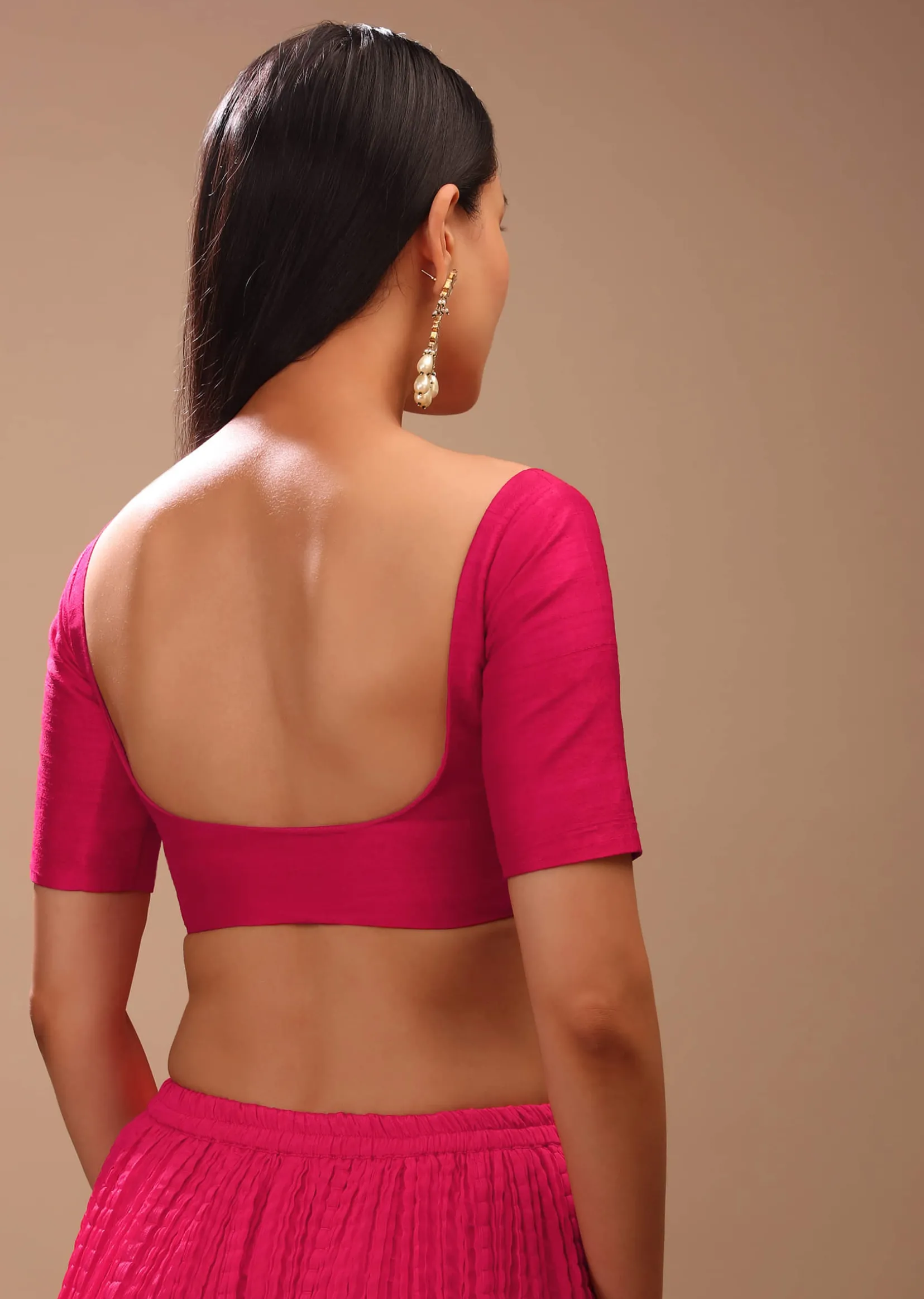 Rani Pink Blouse In Raw Silk With Half Sleeves And Sweetheart Neckline