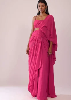 Rani Pink Crepe Drape Saree And Blouse With Crystal Detailing On the Strap
