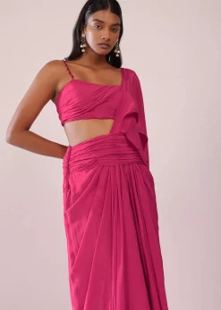 Rani Pink Crepe Drape Saree And Blouse With Crystal Detailing On the Strap