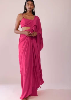 Rani Pink Crepe Drape Saree And Blouse With Crystal Detailing On the Strap