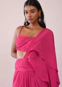 Rani Pink Crepe Drape Saree And Blouse With Crystal Detailing On the Strap