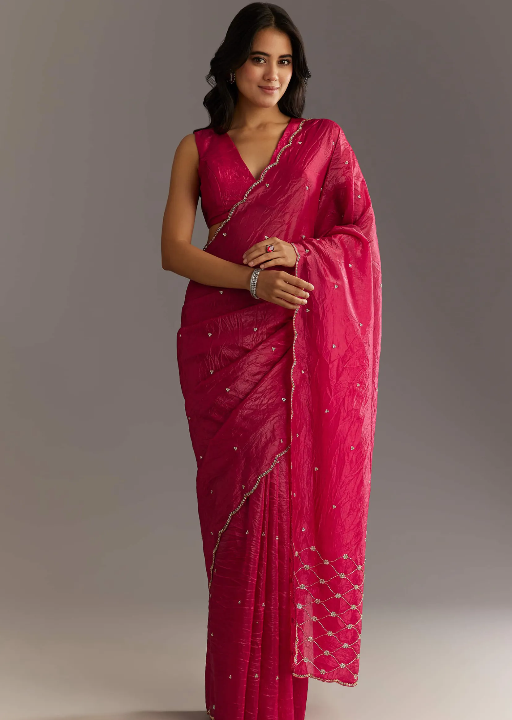 Rani Pink Crushed Tissue Saree With Cutdana And Sequin Embroidery