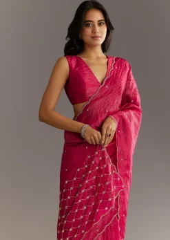 Rani Pink Crushed Tissue Saree With Cutdana And Sequin Embroidery