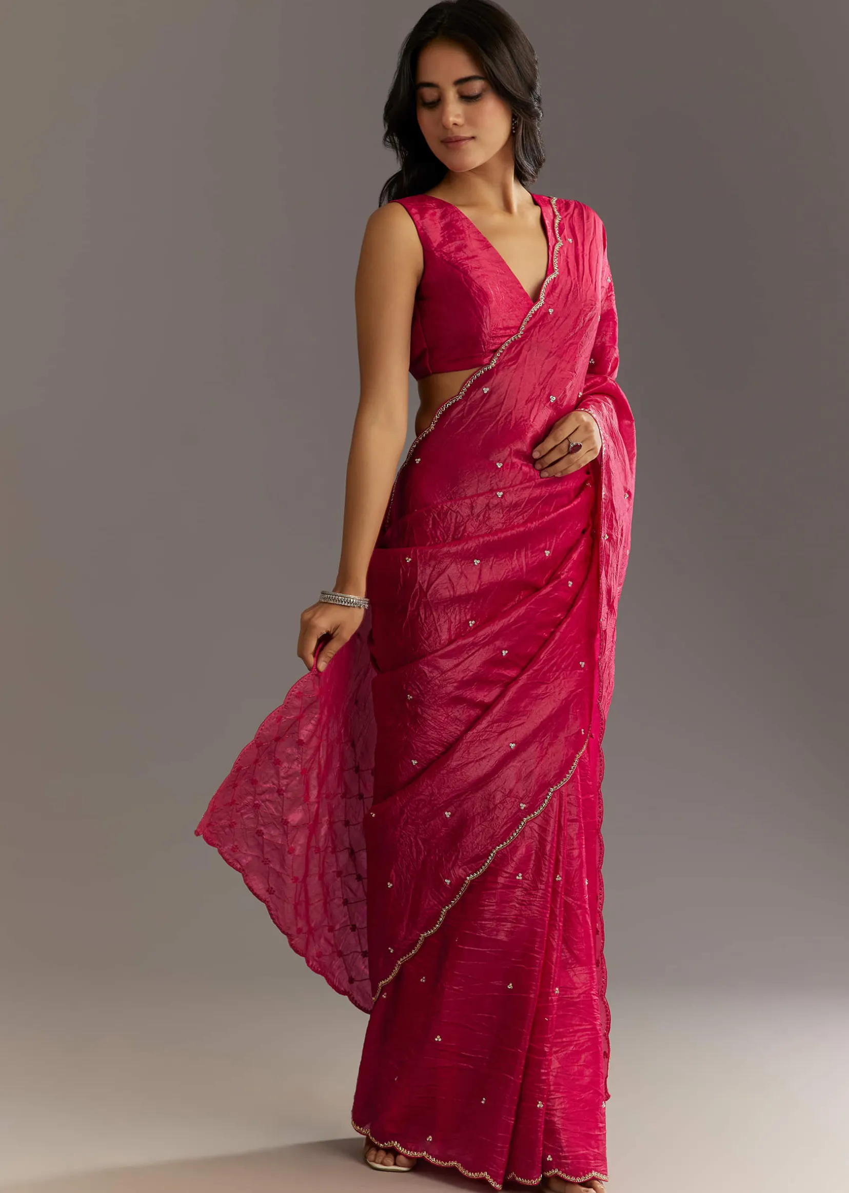Rani Pink Crushed Tissue Saree With Cutdana And Sequin Embroidery
