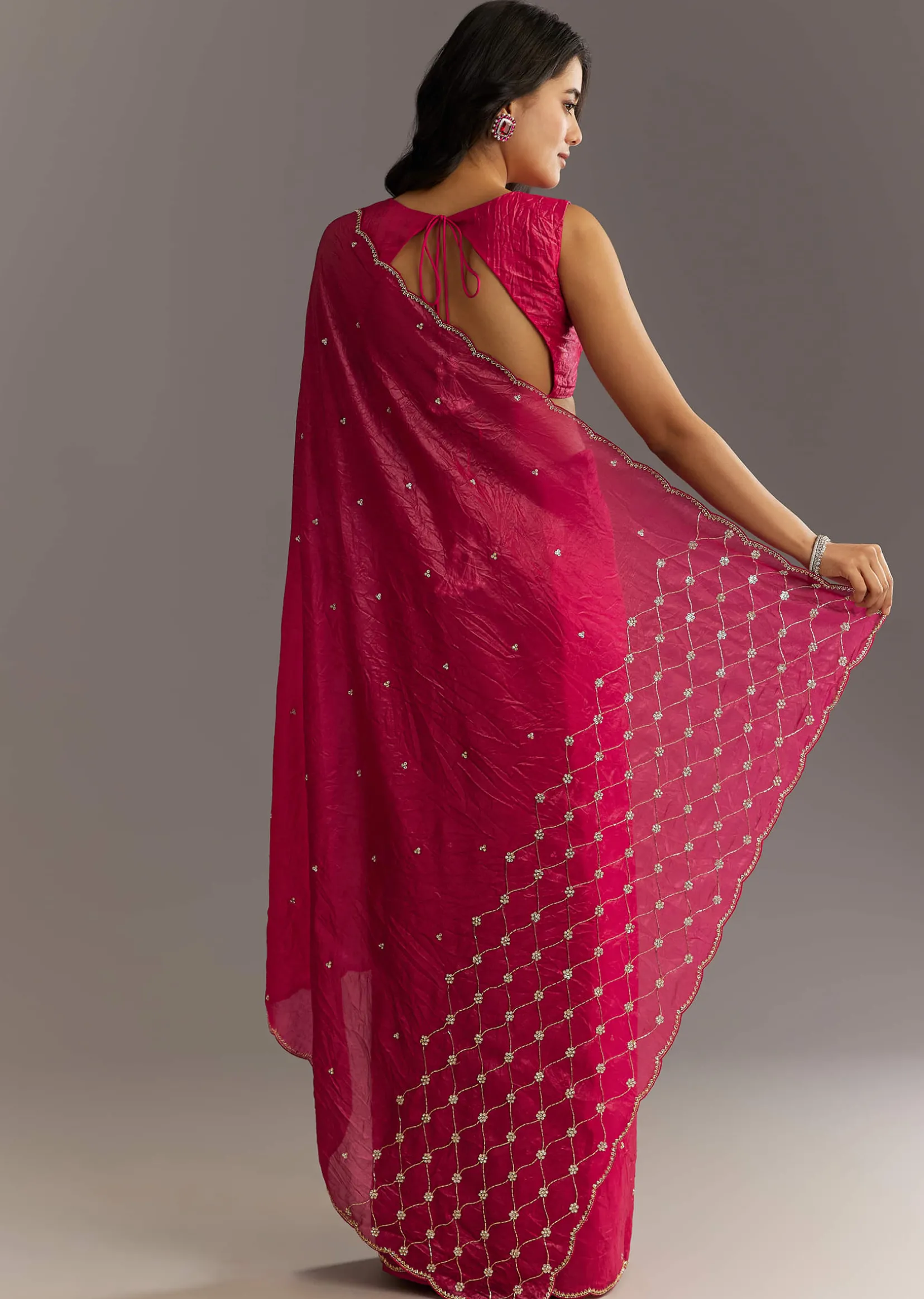 Rani Pink Crushed Tissue Saree With Cutdana And Sequin Embroidery