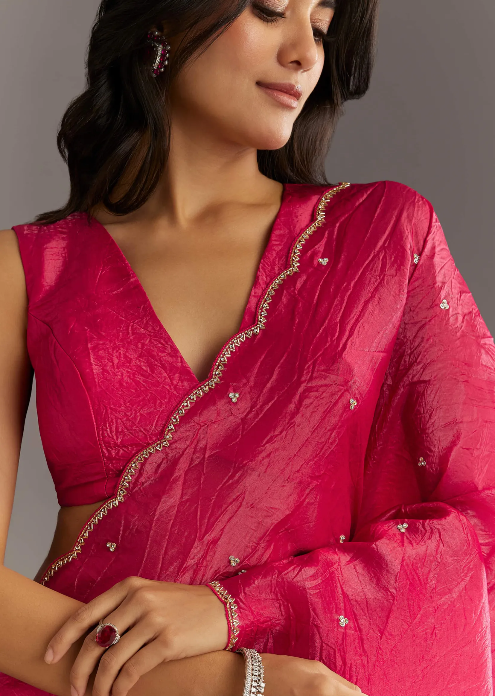 Rani Pink Crushed Tissue Saree With Cutdana And Sequin Embroidery