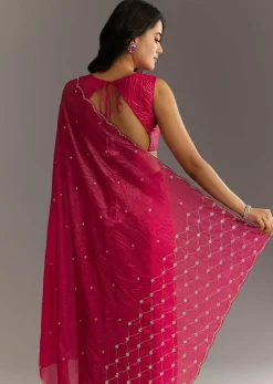 Rani Pink Crushed Tissue Saree With Cutdana And Sequin Embroidery