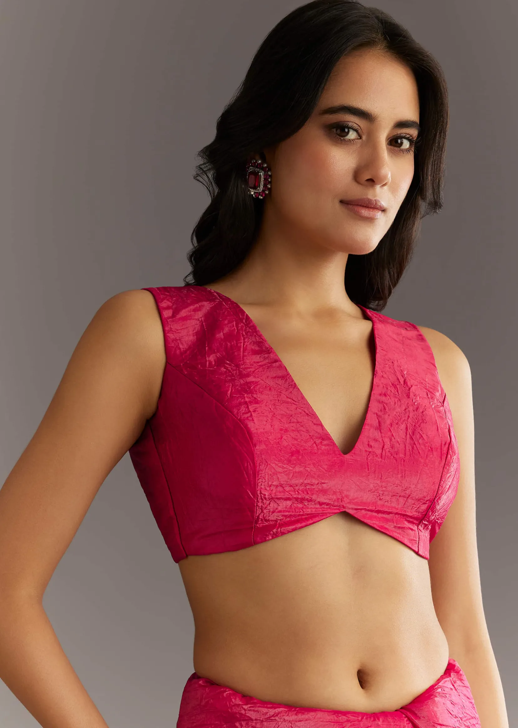 Rani Pink Crushed Tissue Saree With Cutdana And Sequin Embroidery