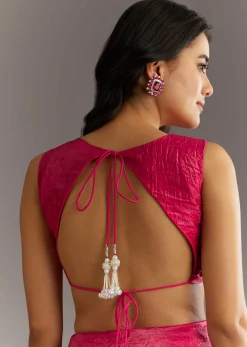 Rani Pink Crushed Tissue Saree With Cutdana And Sequin Embroidery