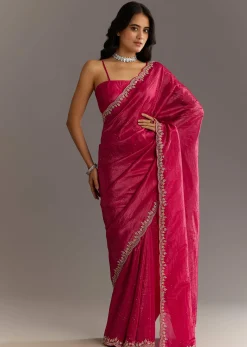 Rani Pink Crushed Tissue Saree With Stone Embellishments And Scallop Border