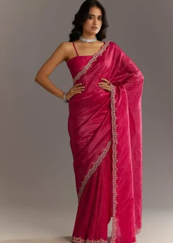 Rani Pink Crushed Tissue Saree With Stone Embellishments And Scallop Border