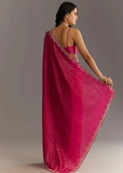 Rani Pink Crushed Tissue Saree With Stone Embellishments And Scallop Border