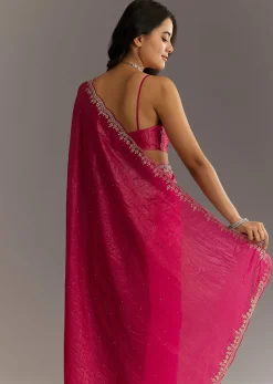 Rani Pink Crushed Tissue Saree With Stone Embellishments And Scallop Border