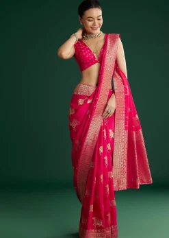 Rani Pink Dola Silk Saree With Zari Woven Border