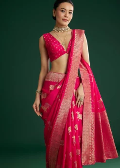 Rani Pink Dola Silk Saree With Zari Woven Border