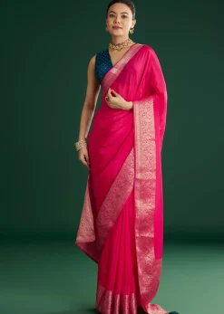 Rani Pink Dola Silk Saree With Woven Border And Pallu
