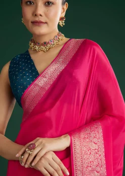 Rani Pink Dola Silk Saree With Woven Border And Pallu
