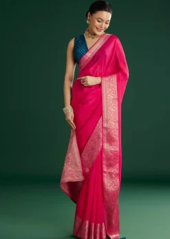 Rani Pink Dola Silk Saree With Woven Border And Pallu