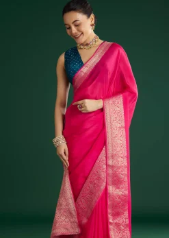 Rani Pink Dola Silk Saree With Woven Border And Pallu
