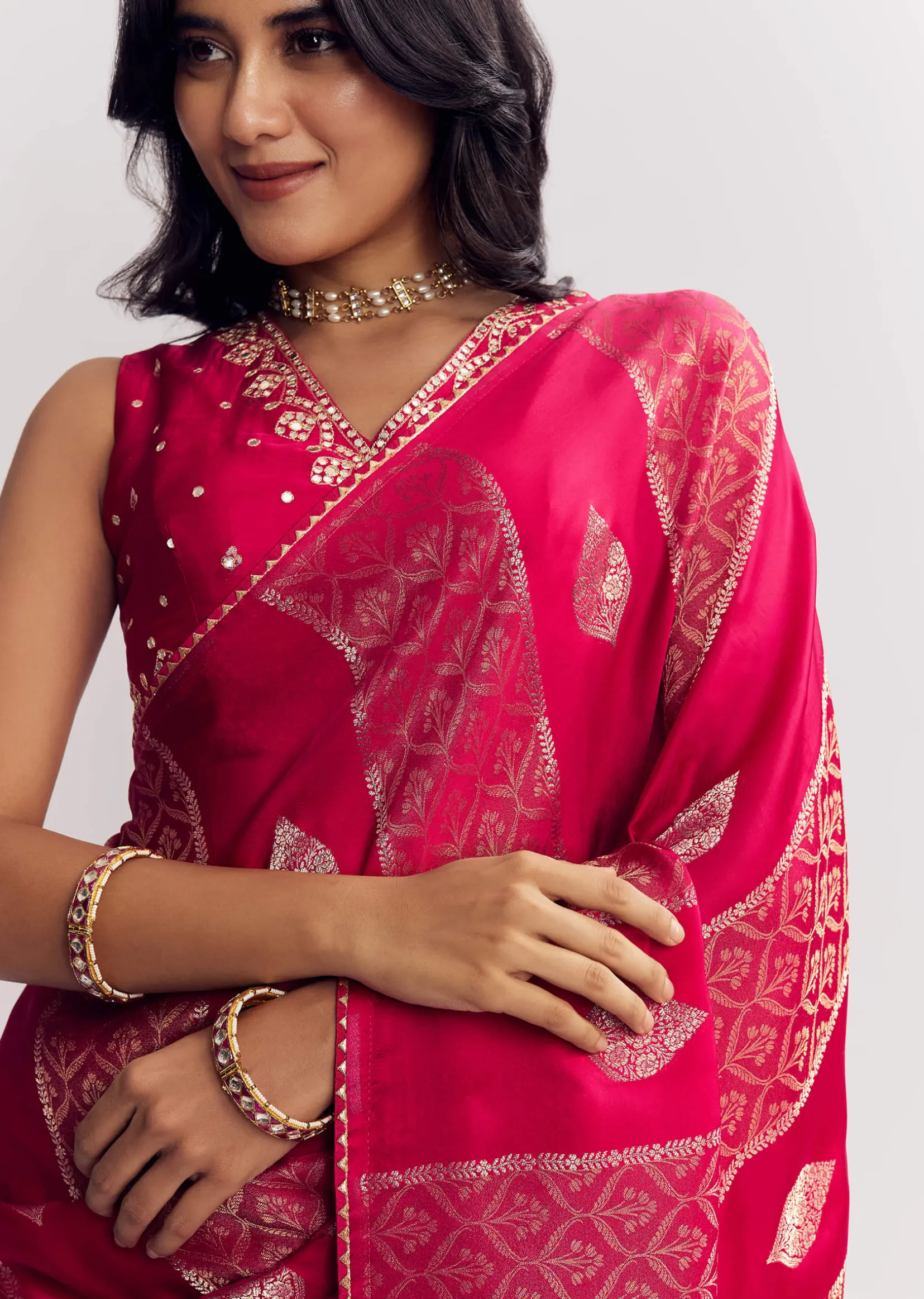 Rani Pink Dola Silk Saree With Gota Patti Woven Motif