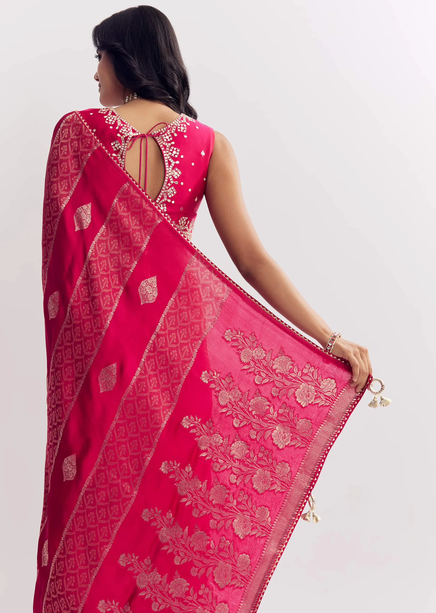 Rani Pink Dola Silk Saree With Gota Patti Woven Motif