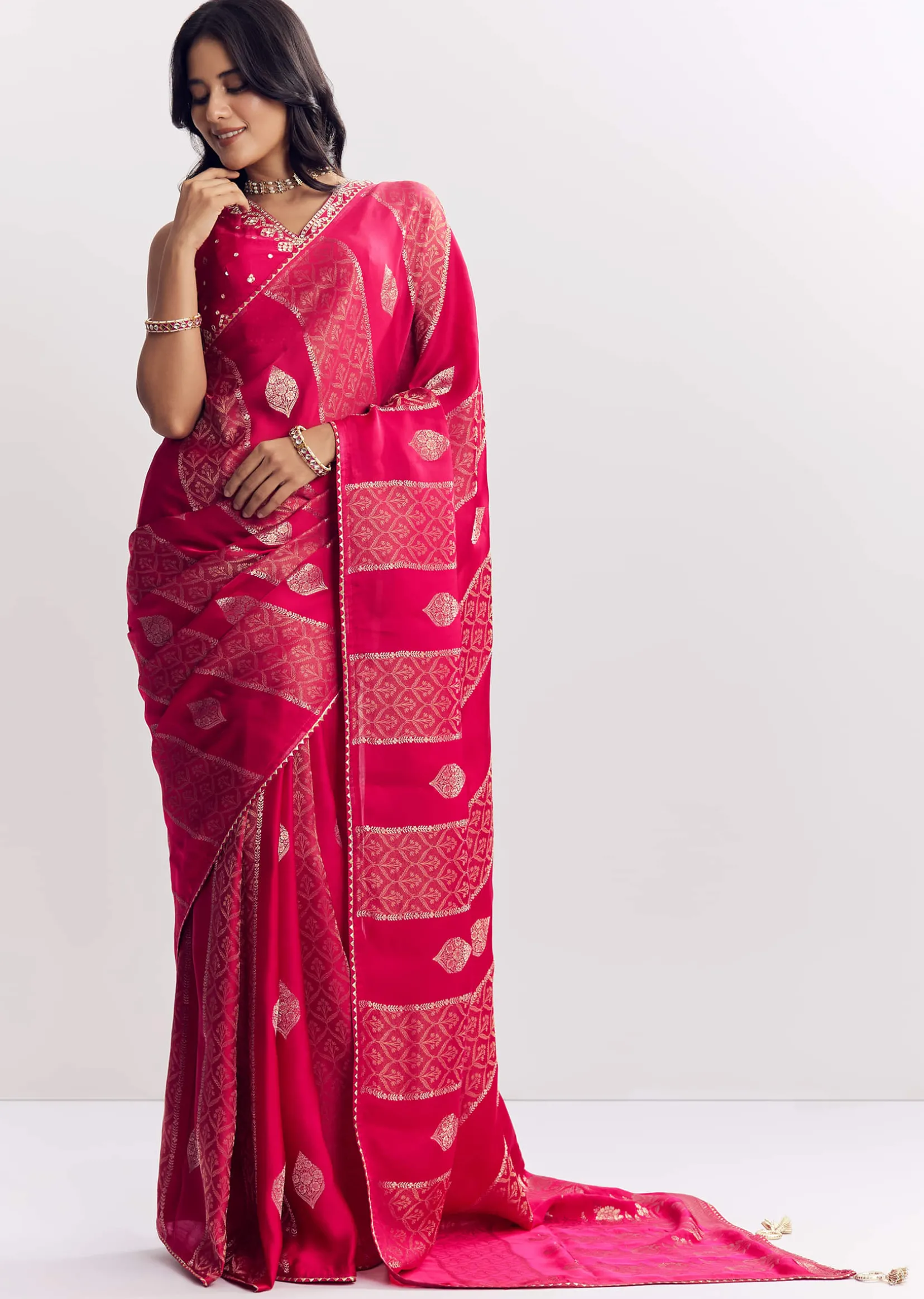 Rani Pink Dola Silk Saree With Gota Patti Woven Motif