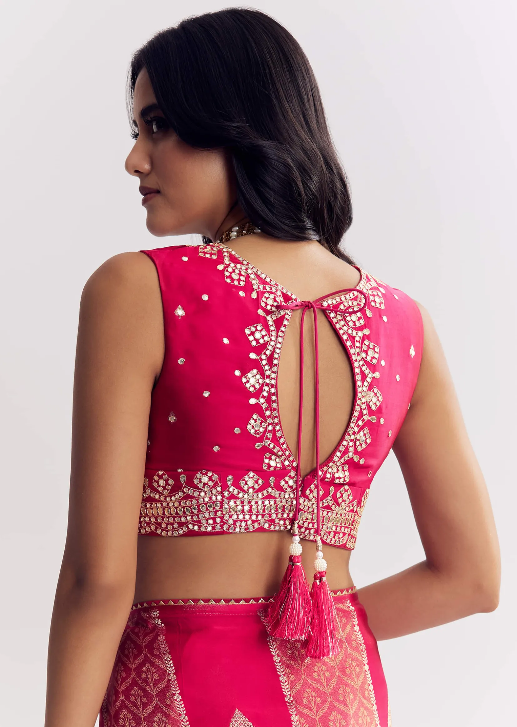 Rani Pink Dola Silk Saree With Gota Patti Woven Motif