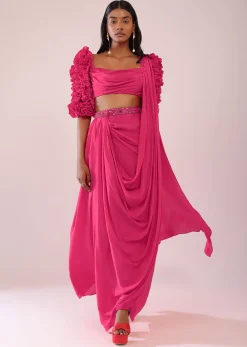 Rani Pink Drape Saree With Fancy Blouse In Crepe