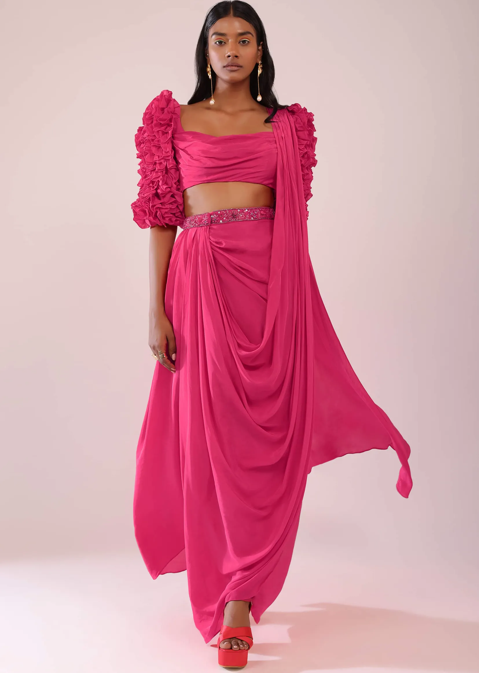 Rani Pink Drape Saree With Fancy Blouse In Crepe