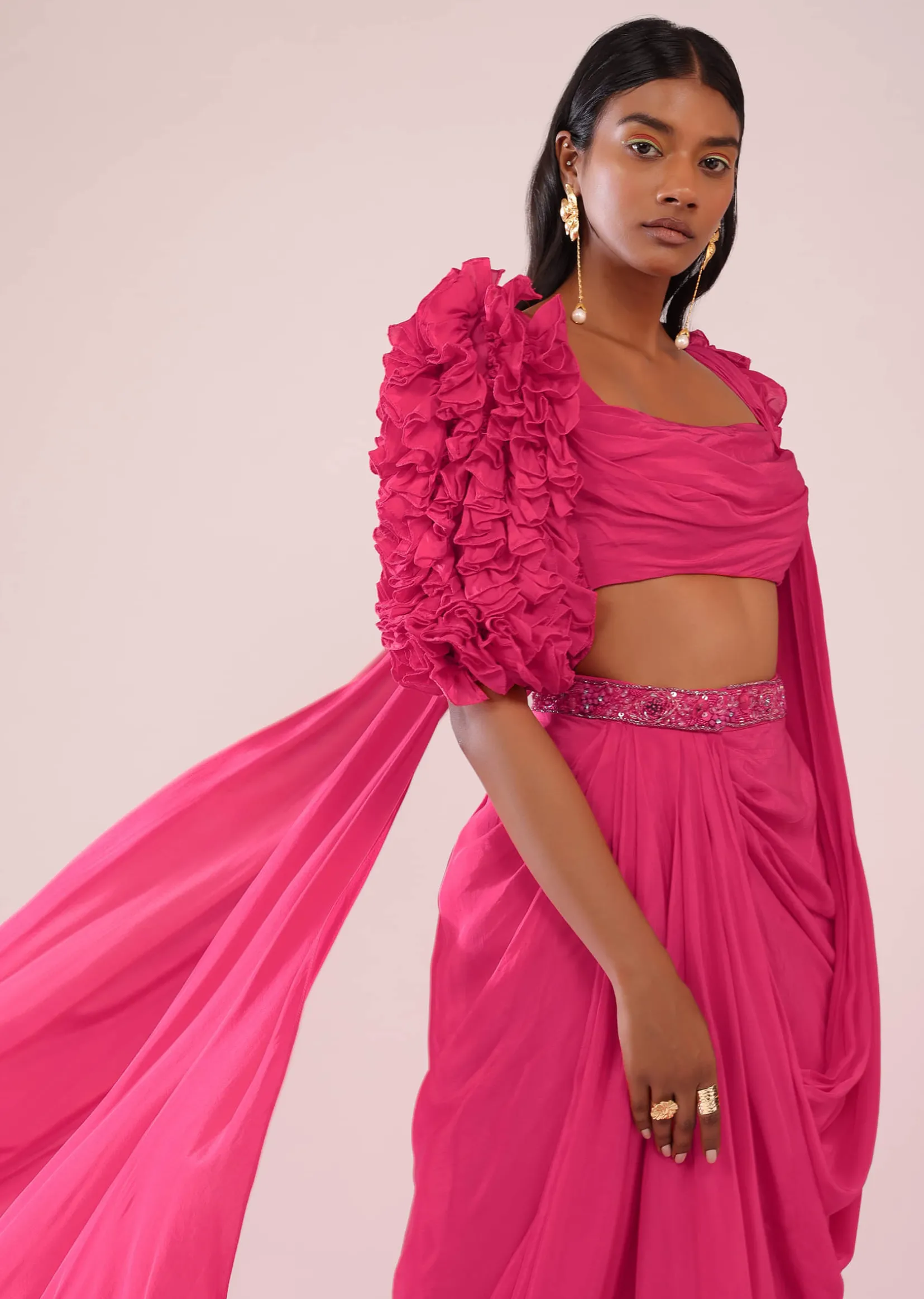 Rani Pink Drape Saree With Fancy Blouse In Crepe