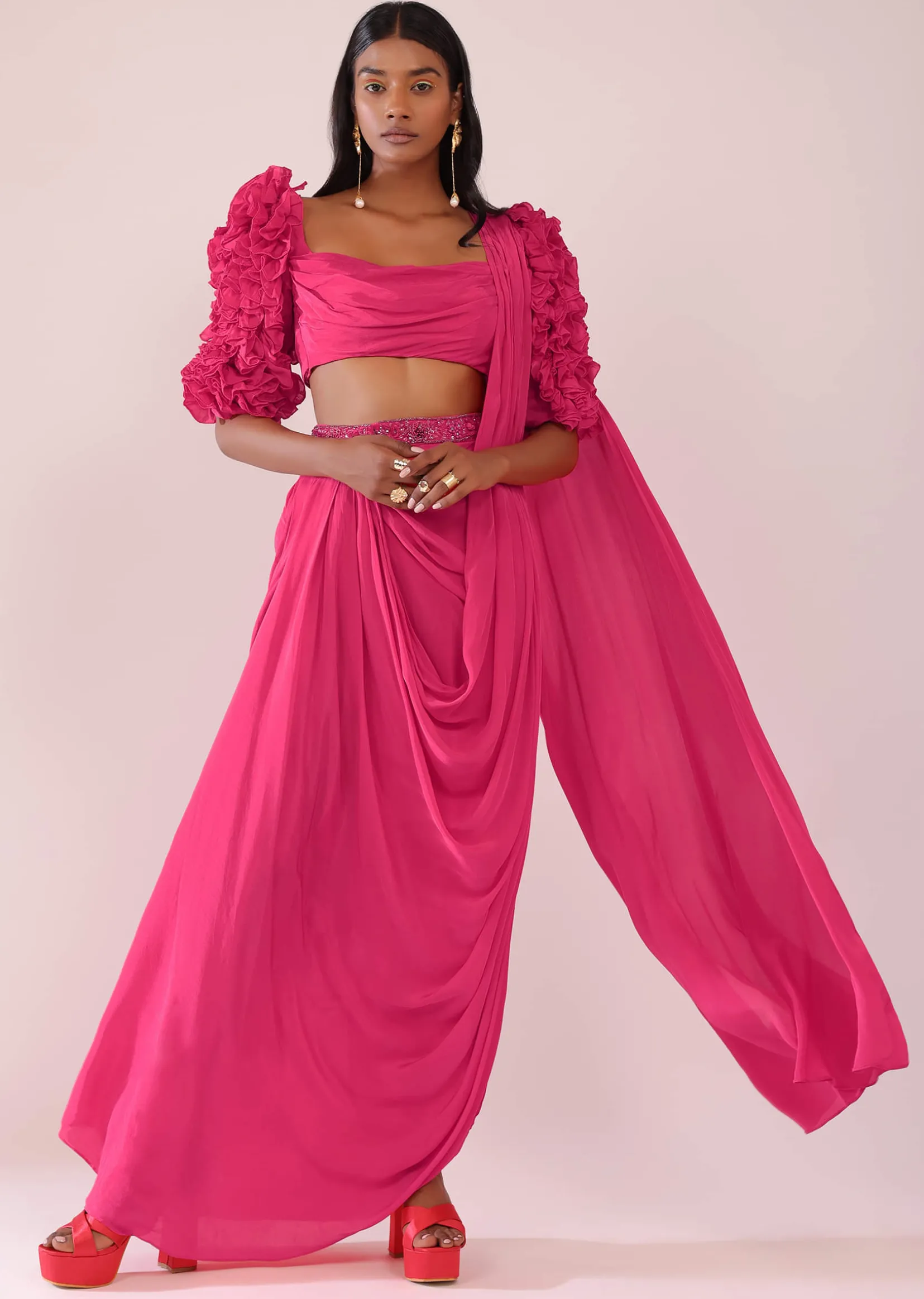 Rani Pink Drape Saree With Fancy Blouse In Crepe