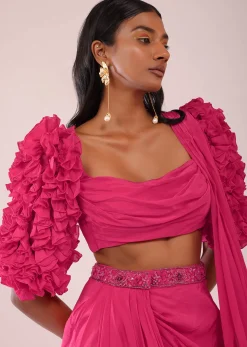 Rani Pink Drape Saree With Fancy Blouse In Crepe