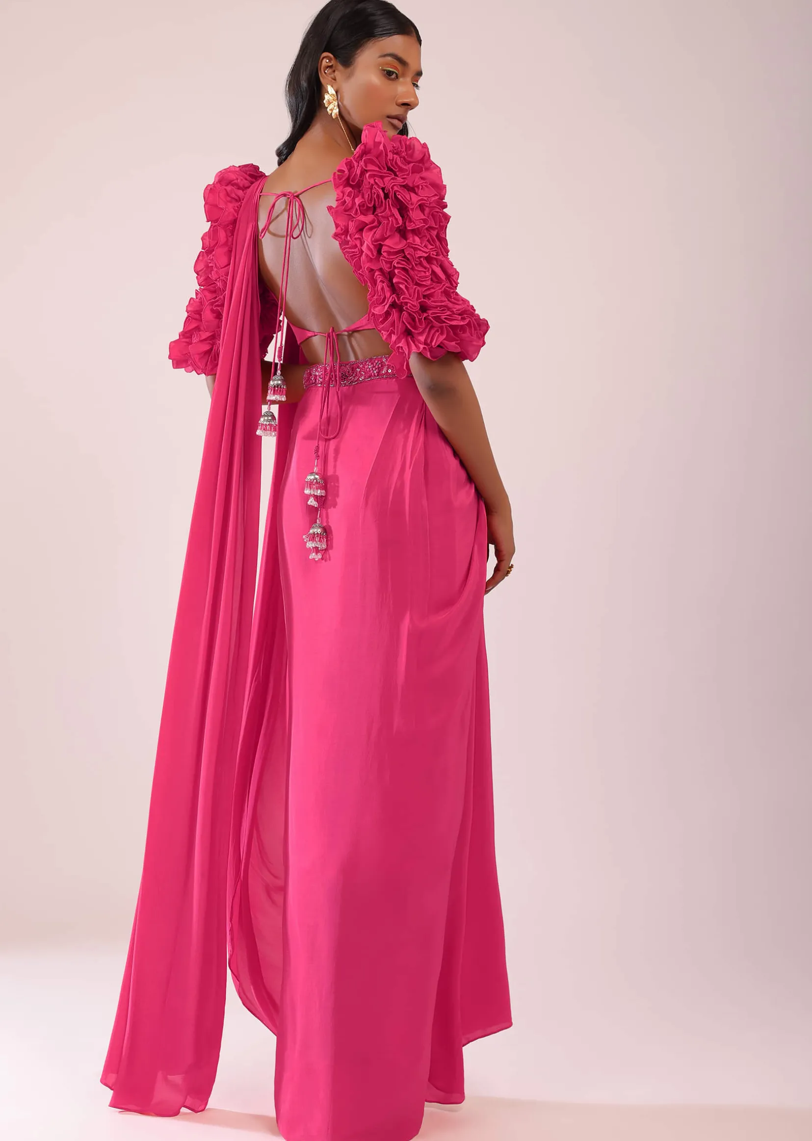 Rani Pink Drape Saree With Fancy Blouse In Crepe